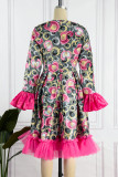 Rozerode elegante print patchwork O-hals A-lijn jurken