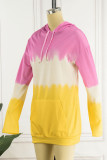 Amarelo rosa casual estampa patchwork gola com capuz vestido t-shirt vestidos