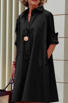 Vestido camisero con cuello vuelto y hebilla de retazos de lunares con estampado casual de vaquero negro Vestidos