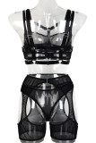 Черное сексуальное однотонное прозрачное женское белье в стиле пэчворк (четыре предмета)