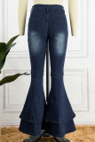 Blue Casual Solid Patchwork High Waist Boot Cut Denim Jeans