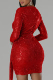 バーガンディ セクシー ソリッド スパンコール パッチワーク 非対称 V ネック ワンステップ スカート ドレス