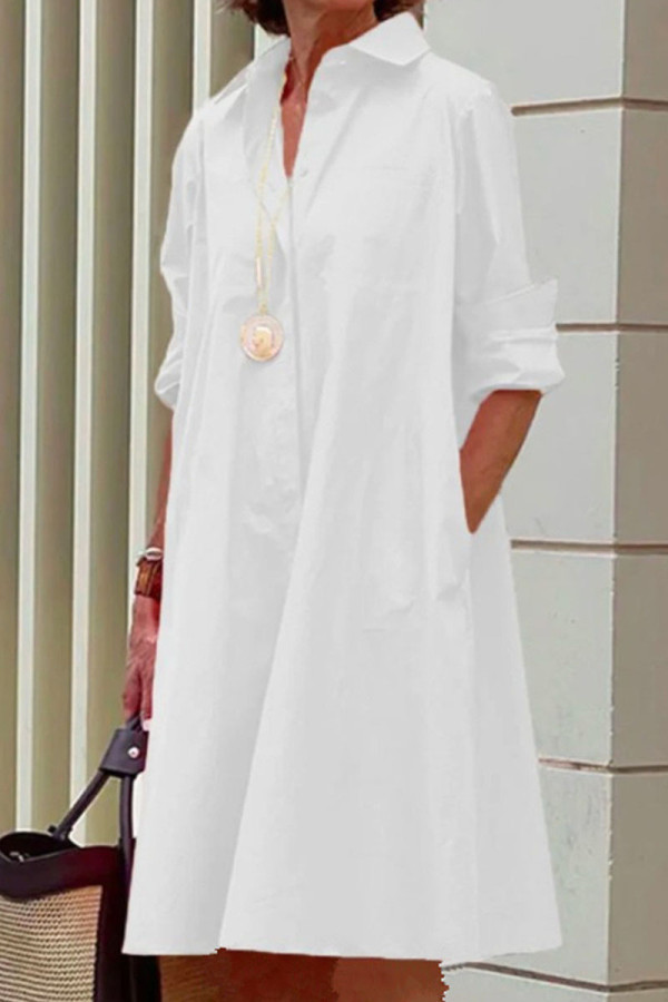 Vestido branco casual estampado de bolinhas patchwork com fivela gola redonda