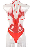Red Sexy Solid Hollowed Out Patchwork Feathers Christmas Day Lingerie