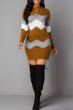 Vestidos de falda de lápiz con cuello en O de patchwork informal marrón