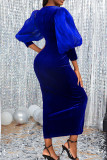 Blue Formal Solid Patchwork Slit V Neck One Step Skirt Dresses