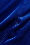 Vestidos formais azuis de retalhos sólidos com fenda em V e saia de um passo