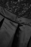 Schwarzes, elegantes, solides Pailletten-Patchwork-Abendkleid mit V-Ausschnitt