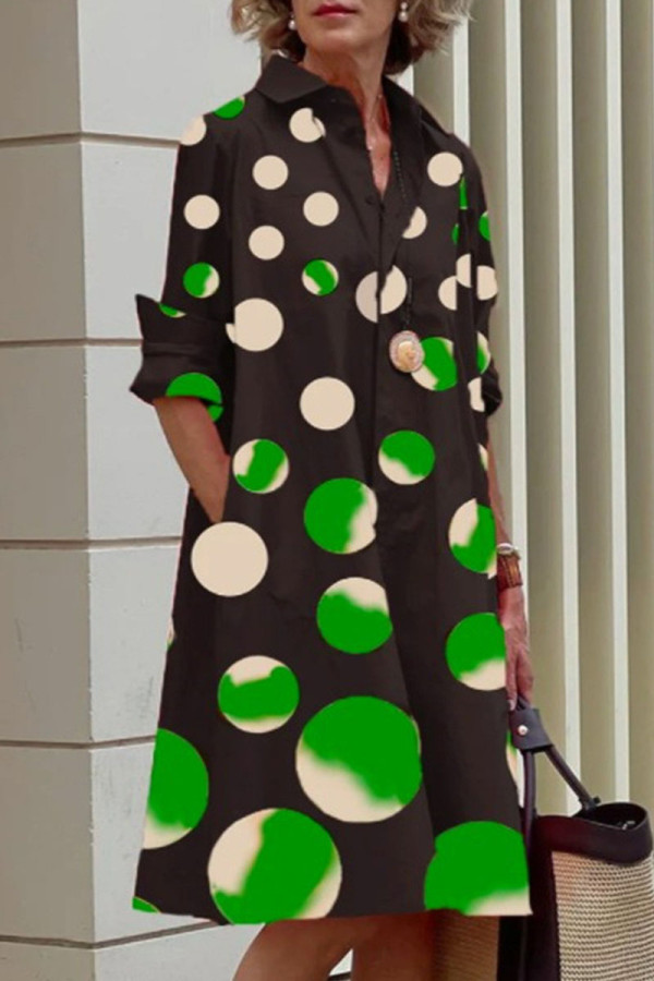 Черно-зеленый повседневный принт в горошек Пэчворк Платье-рубашка с отложным воротником и пряжкой Платья Платья