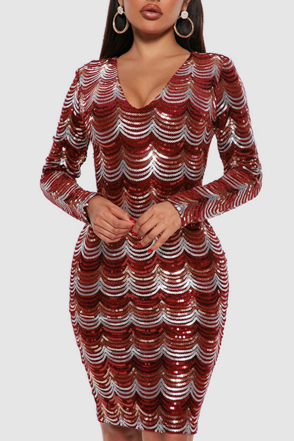 Бордовые сексуальные блестки в стиле пэчворк с V-образным вырезом, одношаговые платья-юбки