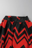 Röd Casual Print Patchwork med bälte O-hals Oregelbunden klänning Plus Size Klänningar