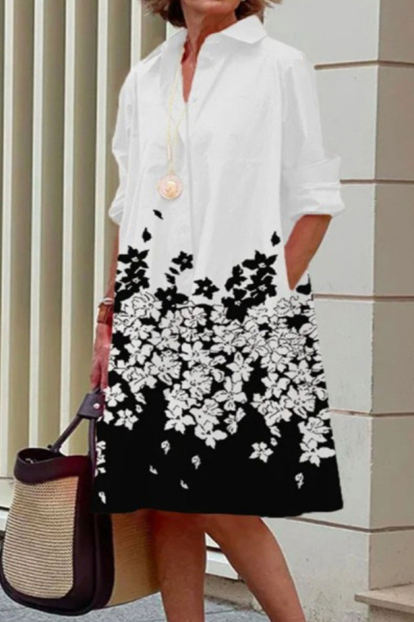 Black White Casual Print Polka Dot Patchwork Buckle Turndown Collar Shirt Dress Dresses
