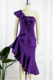 パープル エレガント ソリッド パッチワーク フラウンス 非対称 非対称カラー イブニングドレス ドレス