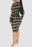 グリーン セクシー スパンコール パッチワーク Vネック ワンステップ スカート ドレス