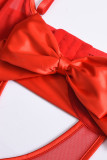 赤いセクシーな無地のパッチワーク シースルー リボン付き クリスマス ランジェリー