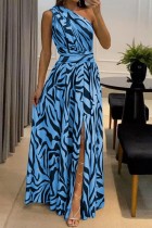 Vestido longo azul sexy estampado patchwork sem costas com decote oblíquo
