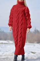 Rode casual effen patchwork coltrui jurken met lange mouwen