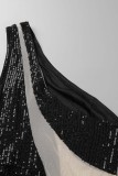 Noir Sexy Patchwork Paillettes Transparent Fente Col Oblique Robe Sans Manches Robes