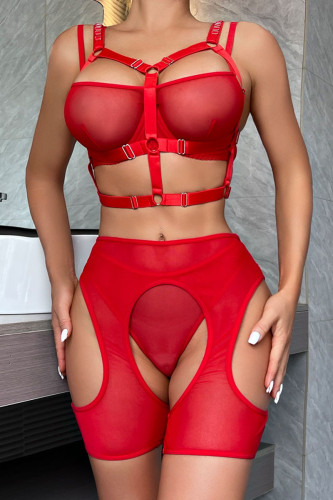 Красное сексуальное однотонное прозрачное женское белье в стиле пэчворк (четыре предмета)