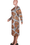 Coffee Casual Print Patchwork Half A Turtleneck One Step Skirt Plus Size Dresses