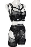 Черное сексуальное однотонное прозрачное женское белье в стиле пэчворк (четыре предмета)