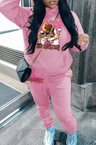 Pink Casual Graphcis Print Hooded Collar Long Sleeve Sweatshirt And Pants Sportwear Two Piece Jogger Set