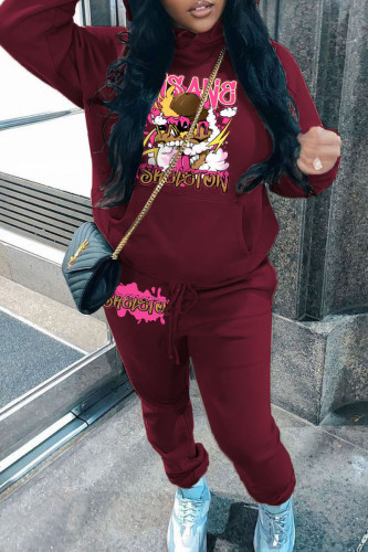 Burgundy Casual Graphcis Print Hooded Collar Long Sleeve Sweatshirt And Pants Sportwear Two Piece Jogger Set