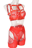 Red Sexy Solid Patchwork See-through Valentines Day Lingerie(Four Pieces)