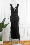 Schwarze elegante feste Pailletten Patchwork Schlitz V-Ausschnitt Abendkleid Kleider