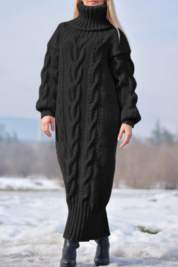 Robes à manches longues à col roulé en patchwork uni décontracté noir