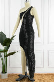 黒のセクシーなパッチワーク スパンコール シースルー スリット斜め襟ノースリーブ ドレス ドレス
