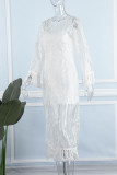 Robes droites blanches élégantes à pompons solides en patchwork fendues à col rond