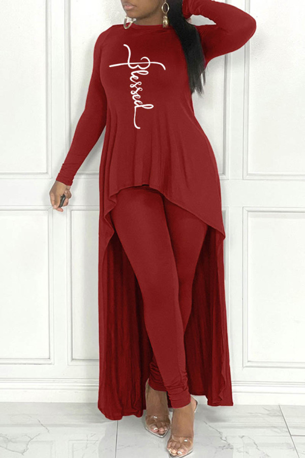 Red Casual Print Asymmetrical O Neck Long Sleeve Two Pieces
