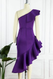 パープル エレガント ソリッド パッチワーク フラウンス 非対称 非対称カラー イブニングドレス ドレス