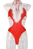 Красное сексуальное сплошное выдолбленное лоскутное белье с перьями на Рождество