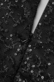 ディープブルー エレガント ソリッド スパンコール パッチワーク Vネック イブニングドレス ドレス