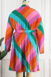 Couleur Casual Print Bandage Patchwork Fold O Neck Straight Plus Size Robes