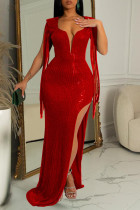 Rouge Sexy Solide Gland Paillettes Patchwork Dos Nu Fente V Cou Robe Longue Robe