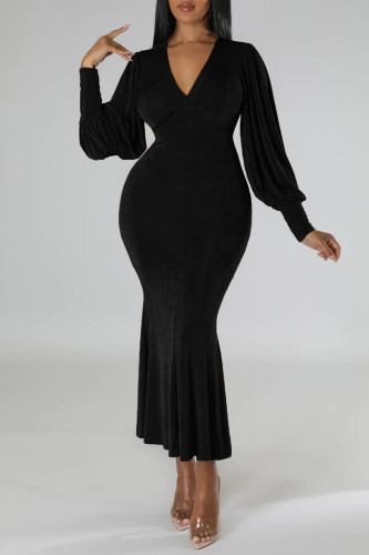 Black Casual Solid Patchwork V Neck Long Sleeve Dresses