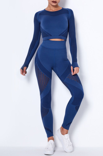 Dark Blue Casual Sportswear Solid Patchwork O Neck Long Sleeve Two Pieces
