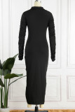 Negro casual sólido patchwork hebilla doblar cuello vuelto lápiz falda vestidos