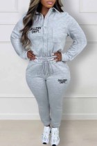 Grey Casual Print Letter Turndown Collar Long Sleeve Two Pieces