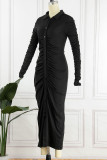 Negro casual sólido patchwork hebilla doblar cuello vuelto lápiz falda vestidos