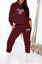 Burgundy Casual Letter Print Basic Hooded Collar Long Sleeve Two Pieces