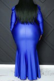 Azul Sexy Formal Sólido Patchwork Cuello en V Manga larga Vestidos de talla grande