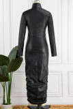 ブラック セクシー ソリッド パッチワーク ターンダウン カラー ペンシル スカート ドレス