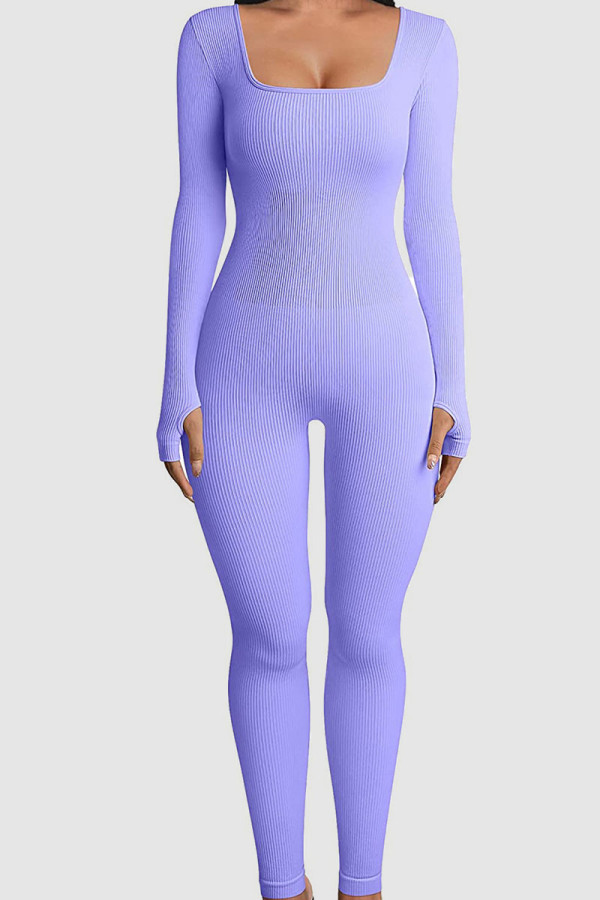 Пурпурный Повседневная спортивная одежда Однотонные узкие комбинезоны в стиле пэчворк с U-образным вырезом