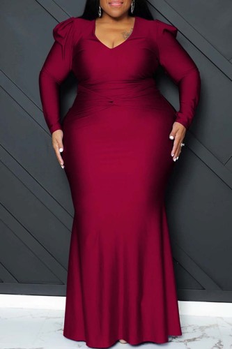 Burgundy Sexy Formal Solid Patchwork V Neck Long Sleeve Plus Size Dresses