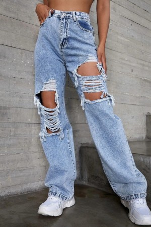 Light Blue Casual High Waist Straight Leg Distressed Ripped Denim Jeans