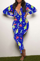 Blue Casual Print Patchwork Buttons V Neck Skinny Jumpsuits